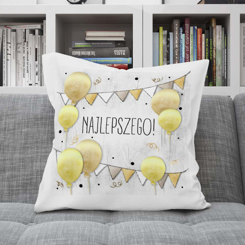 UPOMINEK URODZINY PODUSZKA GIRLANDA I BALONY ŻYCZENIA