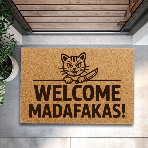Śmieszna Wycieraczka Kokosowa Na Prezent Do Domu Welcome Madafakas Kot Nóż