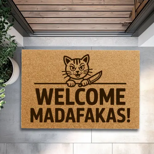 Śmieszna Wycieraczka Kokosowa Na Prezent Do Domu Welcome Madafakas Kot Nóż