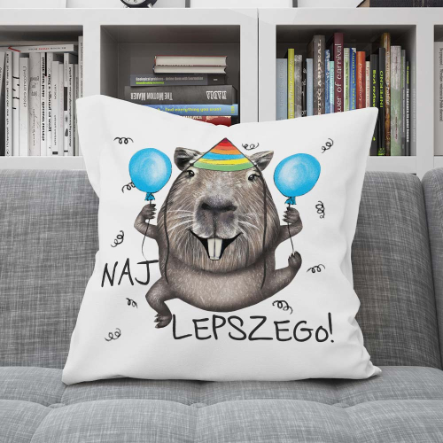PODUSZKA PREZENT URODZINY  18 20 40 TAŃCZĄCA KAPIBARA Z BALONAMI ŻYCZENIA